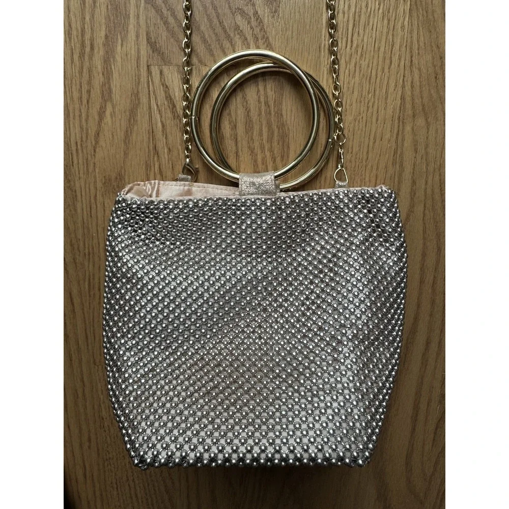 Jessica McClintock‎ Gwen Purse Evening Handbag Ball Mesh Beaded Ring Wristlet